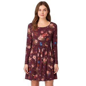 Bluetime Medium Red Floral Swing Dress Pullover Cotton Blend Stretch Waist BOHO